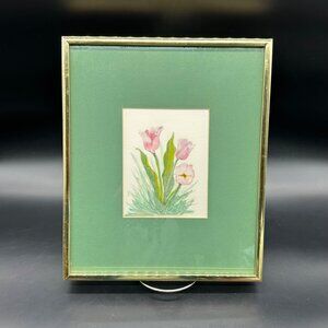 Watercolor Painting Tulips Pink Flower Gold Frame Signed Art Wall Hanging Floral